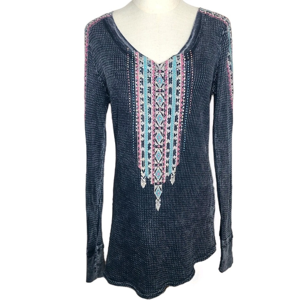 VOCAL Y2K Top Black Gray‎ Southwest Rhinestone Embellished Waffle Thermal USA